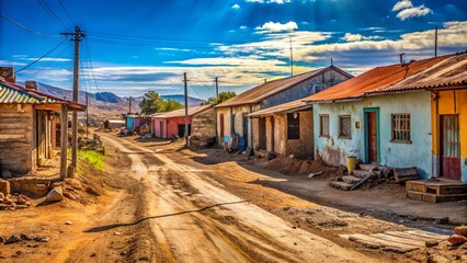 Obraz premium Dusty Village Street Highlighting Economic Disparity Near Mine - A Visual Contrast Between Wealth and Poverty in Rural Communities