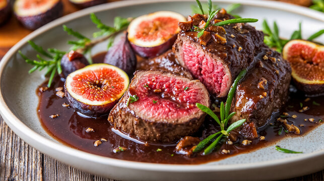 filet de biche, figues et sauce aux morilles dans une belle assiette
