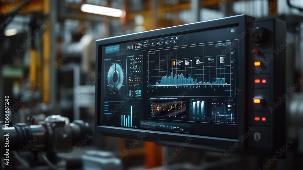 Poster a display showing graphs and alerts predicting maintenance of machinery in an industrial plant