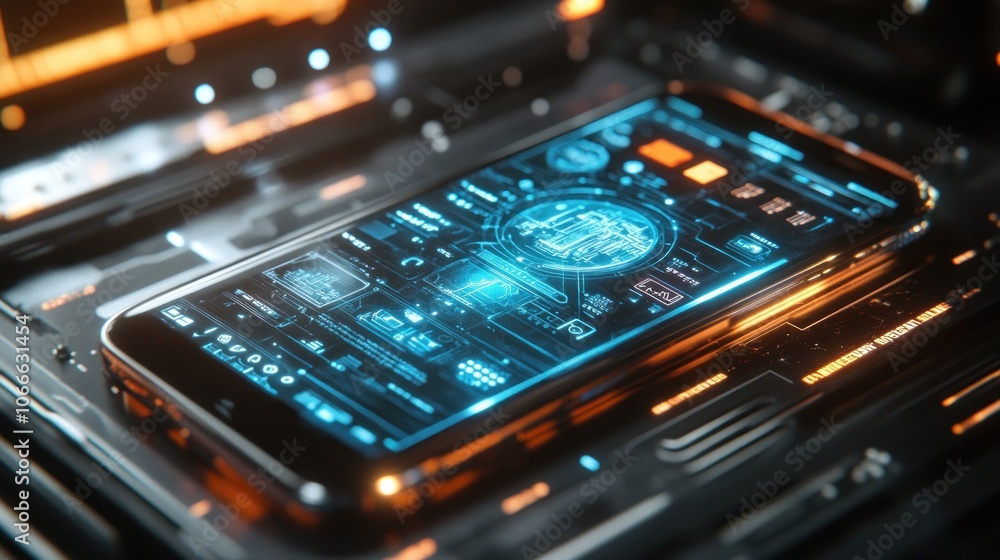Aufkleber a mobile phone with a hologram display that displays 3d data and graphics in a futuristic setting