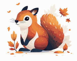 Cute little squirrel is sitting on the ground in front of some leaves