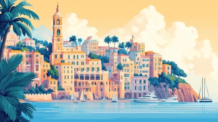 A picturesque seaside town with colorful buildings, palm trees, sailboats, and a church tower against a vibrant blue sky and calm water.