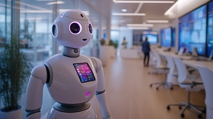 Obraz premium A smart robot works alongside a human in a modern office filled with digital displays
