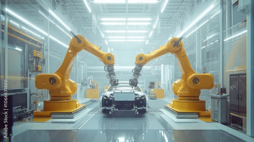 Poster automated production line with two robot arms assembling car parts in a modern factory