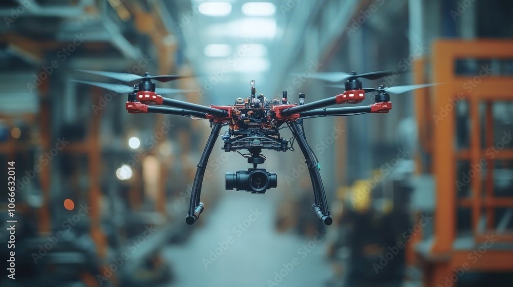 Poster close-up of drone flying inside a factory to inspect and check the working status of machinery in an