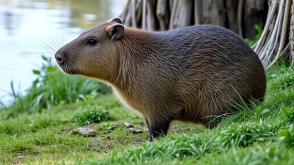 Naklejka premium Capybara resting by a lakeside, surrounded by greenery and tree roots