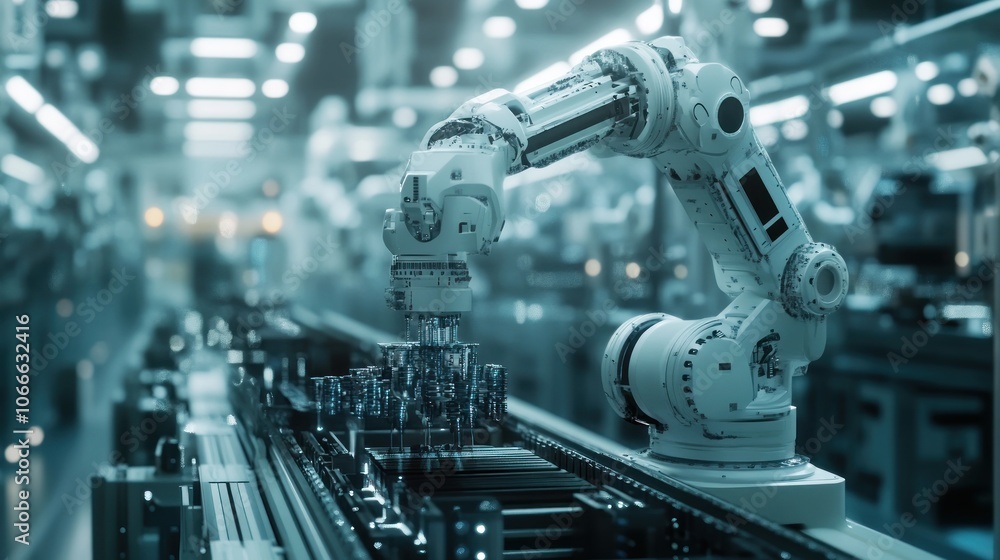Poster industrial robots pick up product parts quickly and accurately on an assembly line