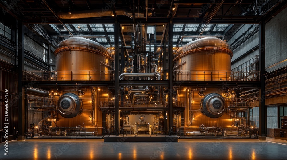 Poster large pipes and structures inside a power plant, illuminated by lights from a control system, giving