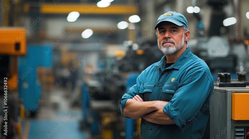Aufkleber production manager standing alone in factory face showing deep analysis