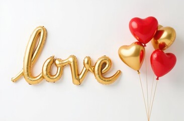 Gold 'love' letter balloons with red and gold heart-shaped balloons on white background. Valentine's Day, love, romance celebration concept. Suitable for greeting card, banner, and party decoration - Powered by Adobe