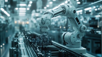 Fototapeta premium Industrial robots pick up product parts quickly and accurately on an assembly line
