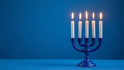 Blue candlestick with candles, blue background, Hanukkah 