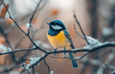Fototapeta premium A small titmouse is sitting on a branch with red berries, winter scene