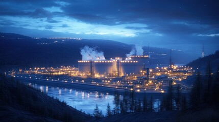 A nighttime view of a power plant with lights all around, indicating continuous operation