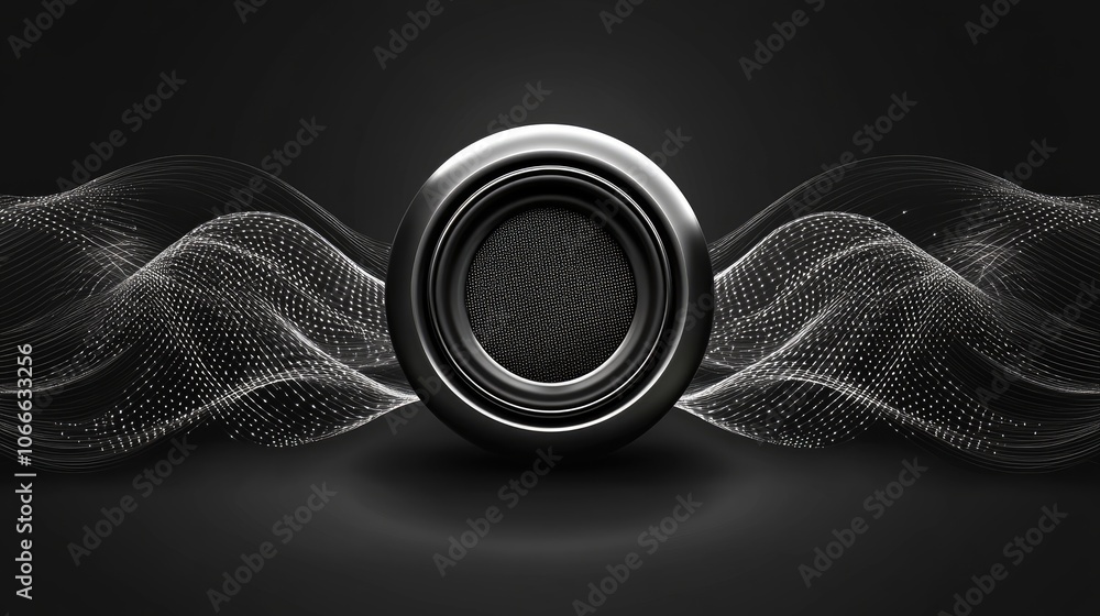 Poster black circular frame with a textured black background, surrounded by two abstract wavy lines of whit
