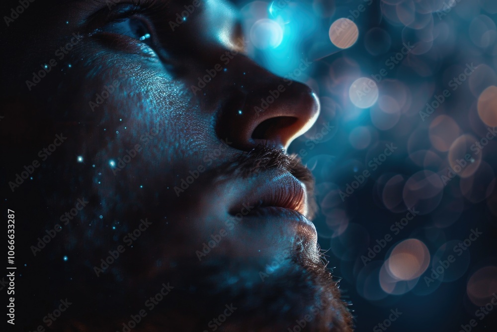 Poster a person's face with a blurred background, suitable for use in a variety of contexts where a subject