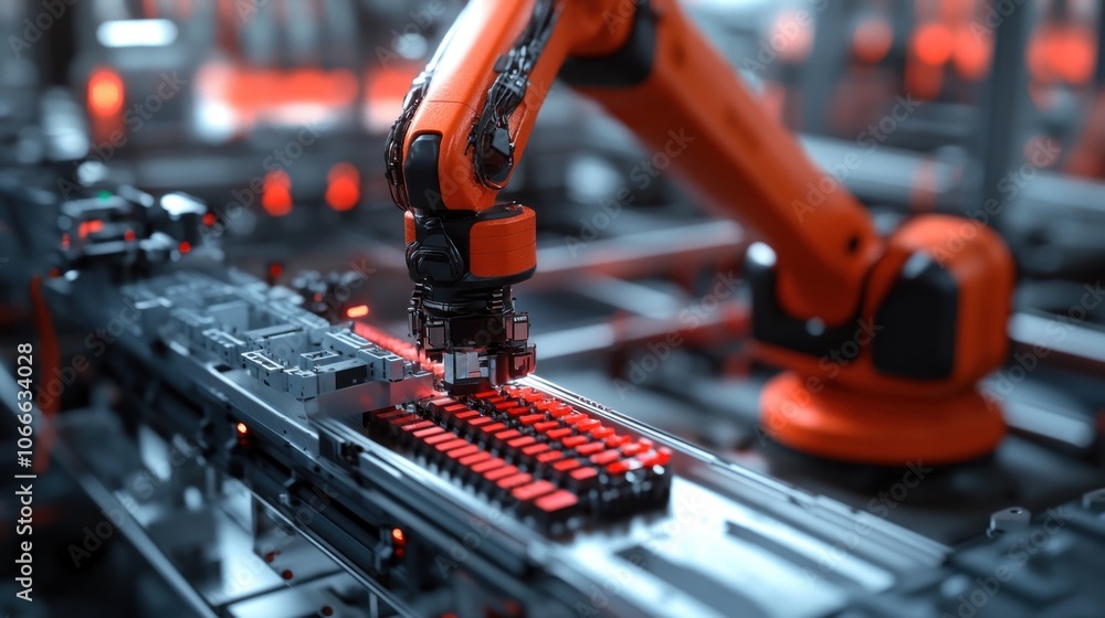 Poster industrial robots pick up product parts quickly and accurately on an assembly line