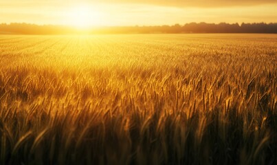 Obraz premium Golden wheat field at sunset with warm sunlight, symbolizing harvest season and agriculture.