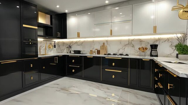 A modern kitchen with black cabinets and gold accents, featuring marble countertops and backsplash