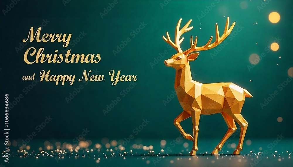 Fototapete a low-poly golden deer silhouette against a dark background with glowing geometric patterns, along w