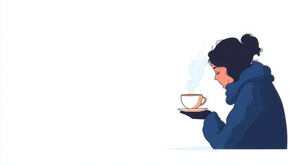 A cozy illustration of a woman in a blue sweater, holding a steaming cup of coffee or tea, enjoying a calm moment.