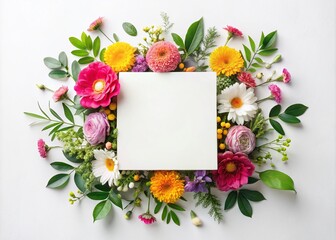Elegant Flat Lay of Blank Square Card Surrounded by Vibrant Flowers and Lush Greenery, Perfect for Wedding Invitations and Stationery Design, Minimalist Floral Aesthetic