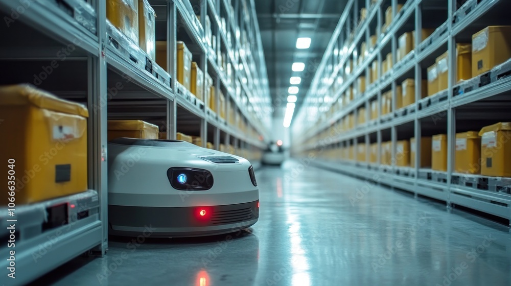 Poster automated storage and transportation systems in a warehouse with robots moving goods in an orderly m
