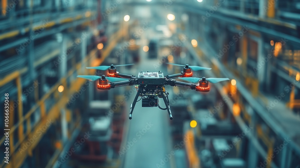 Poster close-up of drones flying to inspect operations in an industrial factory, using ai to assess the sta