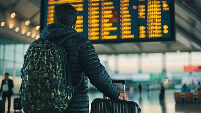 A traveler checks the departure board at the airport, preparing for his upcoming flight