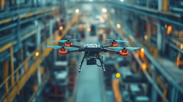 Close-up of drones flying to inspect operations in an industrial factory, using AI to assess the status of machines
