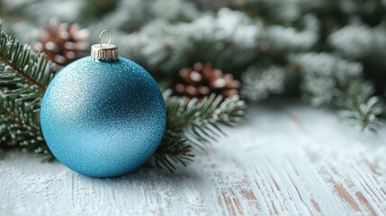 A single blue Christmas ornament sits amongst pine branches and pinecones on a white wood background.