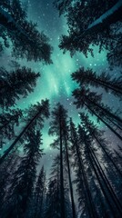 Tall fir trees under a dazzling display of green aurora borealis in a serene winter night sky.