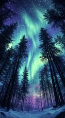 Fototapeta premium A breathtaking view of the aurora borealis illuminating a winter forest, with tall trees silhouetted against the colorful, starry night sky.