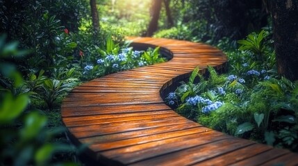 A curved wooden pathway through a lush forest