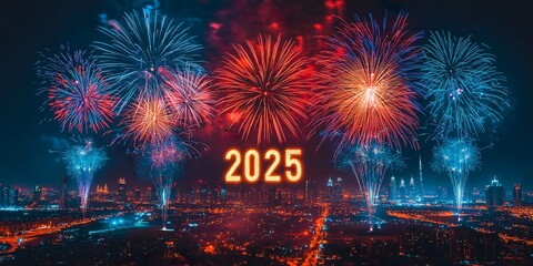 spectacular fireworks over the city at night, the text "2025" in a celebrating font - ai generated
