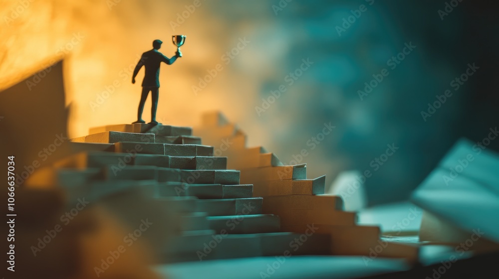 Poster paper man figure scaling a set of steps to a trophy, representing professional ambition and achievem