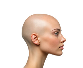 Profile of bald woman with smooth skin and natural beauty, side view, isolated on transparent background