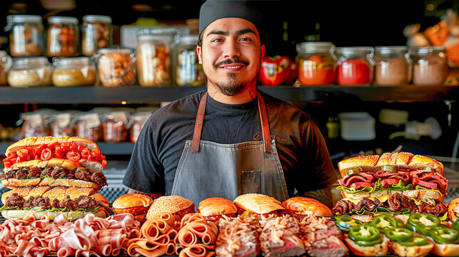 Chef smiling proudly behind counter with selection of mexican tortas