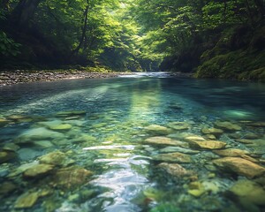 A crystal-clear river flowing through a lush forest representing peace and shared responsibility