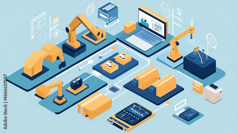 Poster exploring automation technology with robotic arms and digital interfaces in a modern workspace for e