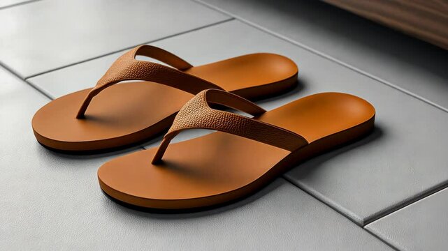 A pair of brown leather sandals lie on a light grey tiled floor