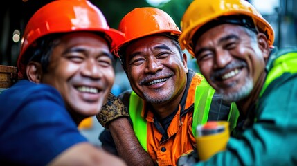 Obraz premium A group of cheerful construction workers, wearing hard hats and safety vests, take a break together, displaying camaraderie, happiness, and teamwork in a bustling work environment.