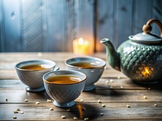 Elegant Tea Time Setup with Matching Cups, Cozy Atmosphere, and Soft Natural Light for a Serene Candid Photography Experience