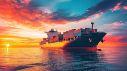 A large cargo ship sails smoothly on tranquil waters, surrounded by colorful clouds and a striking sunset. The scene captures the energy of maritime transport amid nature's beauty.