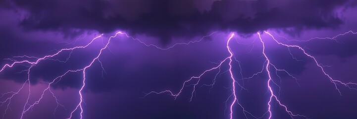 Lightning strikes illuminate the dark purple sky during a thunderstorm
