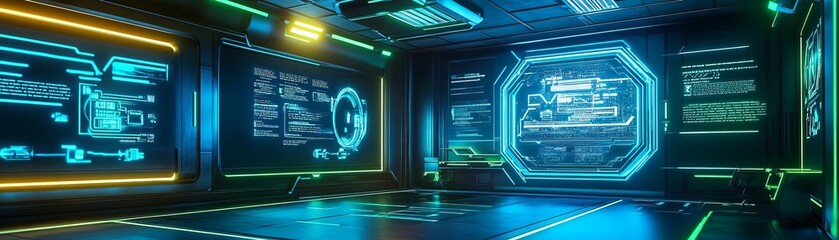Business growth plan for 2025, futuristic hologram display, neon blue and green, cyberpunk office style