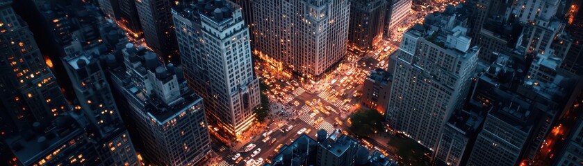 Vibrant high angle view of a bustling city intersection illuminated at night, showcasing urban life in motion.