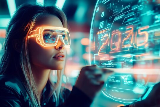 Businesswoman reviewing futuristic 2025 plan on hologram, sharp neon glow, hightech atmosphere, sleek details