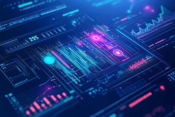 Fototapeta premium Digital chart highlighting 2025 targets, deep blue background, neon holograms, cyberpunk inspired