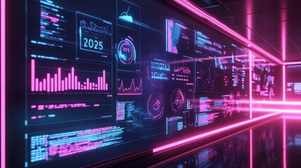 Obraz premium Digital whiteboard with goals for 2025, glowing holographic charts, sharp neon lighting, sleek and modern